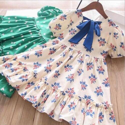 Girls flower print back bow cotton princess dresses baby girl dress kids clothing wholesale