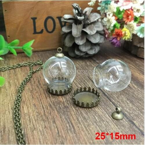 20sets/lot 25*15mm round ball glass globes & crown base & cap finding set glass globe set glass vial pendant glass cover