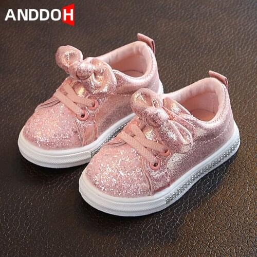 Size 21-30 Girls Bow Sequins Casual Shoes Baby Hook Loop Wear-resistant Sneakers Breathable Anti-slippery Sneakers for Children