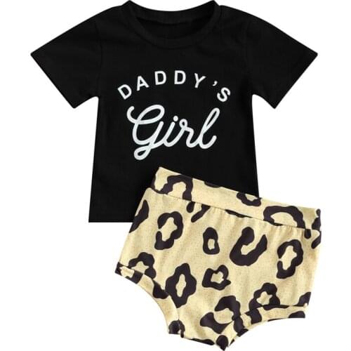 Cute Baby Girls Set Outfit Newborn Toddlers Sweet Style Summer Round Collar Short Sleeve Letter Top + Leopard Print Shorts Sets