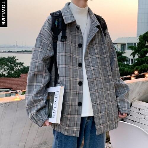 Men Korean Style Plaid Overcoat 2021 Autumn Mens Streetwear Windbreaker Harajuku Fashions Hip Hop Loose Jackets Coats