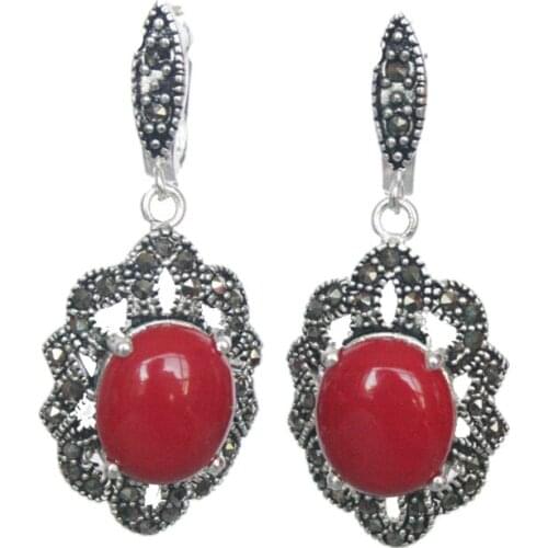 Fancy 11/2" Vintage Tibetan Silvers & Marcasite trend Red Coral Earrings fashion jewelry