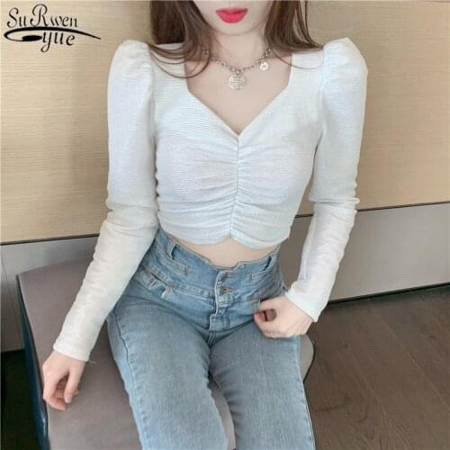 New Spring Short Sexy Shirts Blouses Puff Sleeve Pleated White Blouse Women V-Neck Solid Casual Female Shirt Tops Blusas 12961