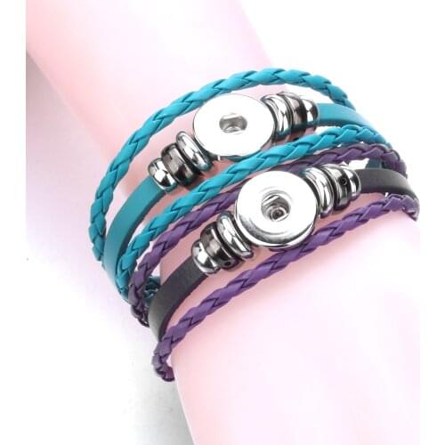 New 15 Colors Leather Snap Button Bracelet Retro Handmade Braided Leather Snap Bracelet Fit 18mm Snap Jewelry Bracelets Bangles