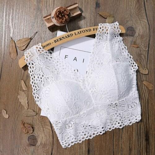 New Style Sexy Lace Deep V Neck Solid Hollow Out Sleeveless off Shoulder Bra Bustier Crop Tank Top Cami Padded Hot Sale Female