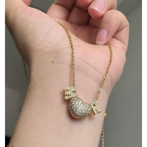 DIY 2 Letters Cubic Zircon Heart Name Pendant Necklace Trendy Customize Gold Color CZ Alphabet Charm Collar Steel Thin Chain