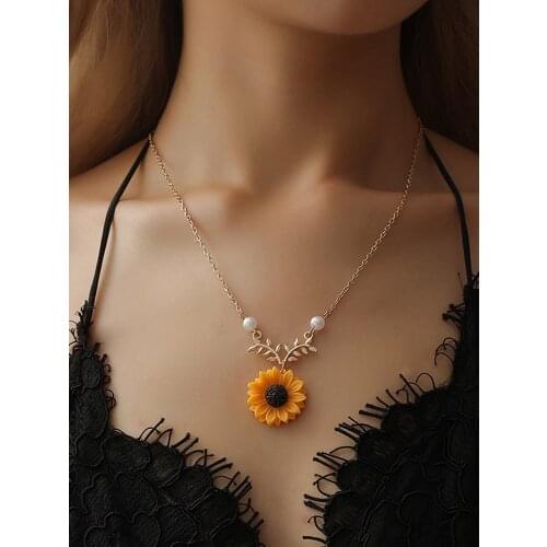 Sasusp Sunflower Pearl Pendants Necklaces Gold Silver Plated Long Chain Necklace Women Ladies Elegant Jewelry female