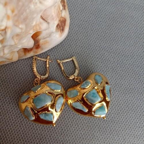 YYGEM Natural Blue Larimar Chips Pave Heart Shaped Yellow Gold color Dangle LeverBack Earrings