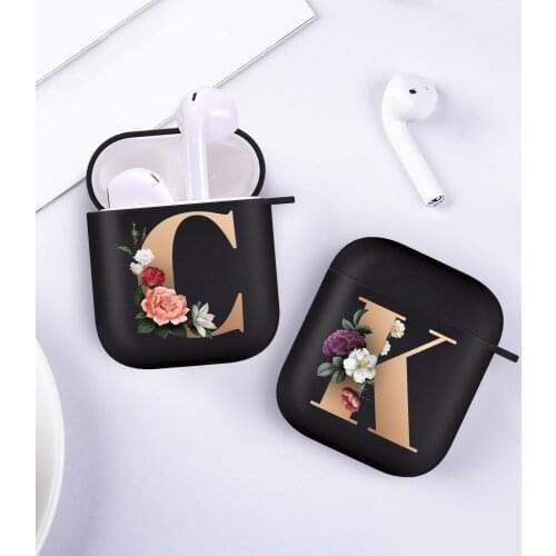 Cute Floral Gold Initial alphabet Letter AirPods Case For Airpod 2 1Cases Silicone Wireless Bluetooth Earphone Cover Matte Black