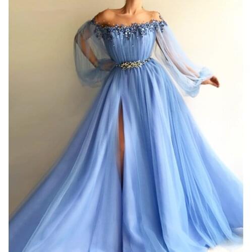 Blue Muslim Evening Dresses A-line Long Sleeves Tulle Slit Pearls Islamic Dubai Saudi Arabic Long Formal Evening Gown Prom