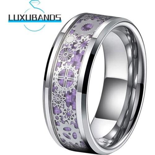 Tungsten Carbdie Rings For Men Women 8MM Beveled Edges Gear Purple Carbon-Fiber Inlay Polished Finished Comfort Fit