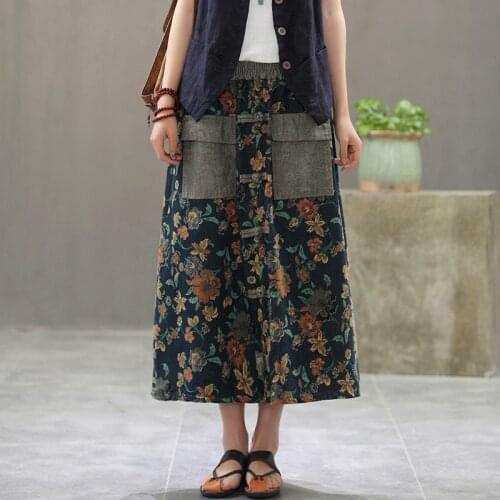 Free Shipping Chinese Style Long Mid-calf Skirt Women Elastic Waist Spring Summer Denim Cortton Casual Skirt A-line Flower Print