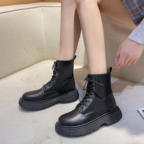 2021 Motorcycle Womens Boots Winter Soft Leather Shoes Black Botas Wedges Female Lace Up Platforms Women White Botas Mujer