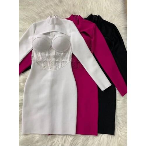 2021 winter new year women black white purple high neck lace bandage dress Party Dresses wholesale dropshipping