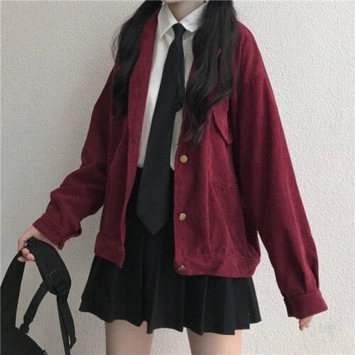2021 New Japanese Style Sweet Cute Preppy Style Suit Collar Corduroy Long Sleeve Short Coat Womens Autumn and Winter Clothing