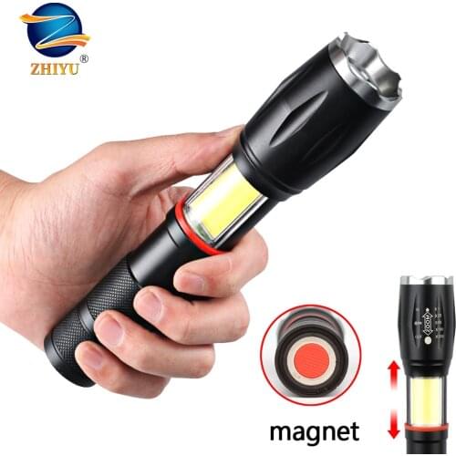 ZHIYU Led Glare Flashlight Multifunctional T6+COB Telescopic Zoom Safety Hammer Mini Wild Camping Cob Magnet Work Lamp Outdoor