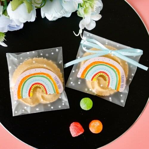 100setsTransparent Polka Dot Candy Cookie Bags DIY Frosted Plastic Bag with Rainbow Sticker Wedding Party Gift Wrapping Supplies