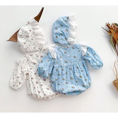 Infant Baby Girls Autumn Lace Up Full Sleeve Flower Print Bodysuits Flower Newborn Jumpsuits Toddler Clothes Gift Hat 2pcs 0-12M