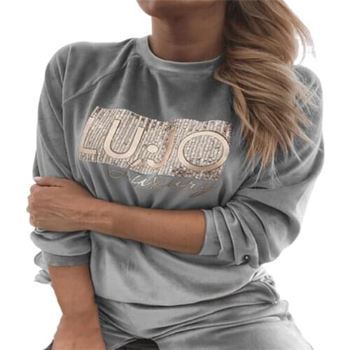 HOT SALES！！Blouse Long Sleeve Warm Top Women Velvet Sequins Letters Print Sweatshirt for Autumn Wholesale Dropshipping