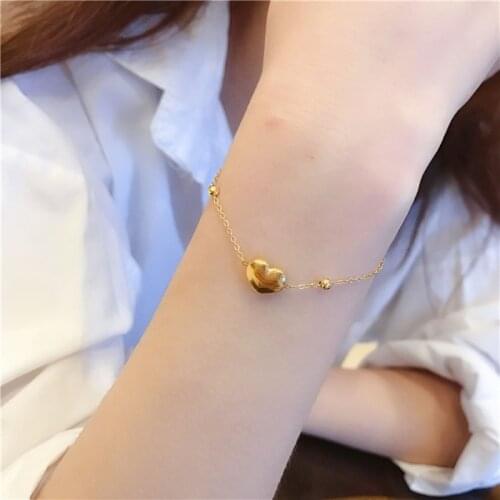 Sweet Elegant Gold Color Love Heart Small Beads Stainless Steel Bracelets For Women Romantic Anniversary Gift Female Jewelry