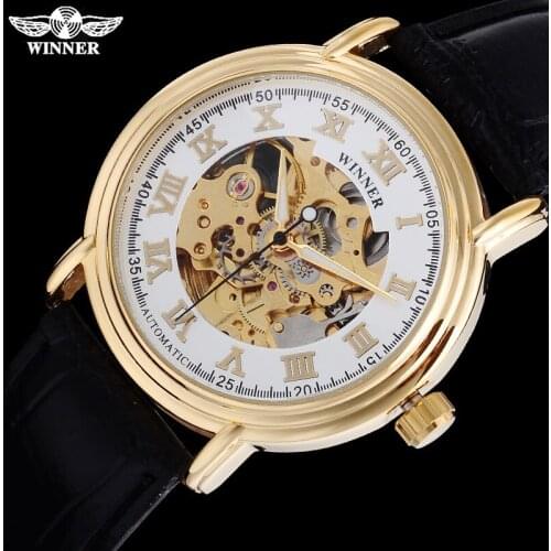 WINNER famous brand men fashion machanical watches leather strap mens automatic skeleton gold case watches relogio masculino