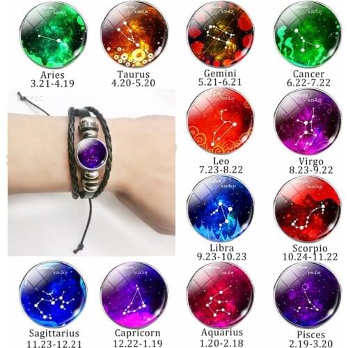 12 Constellation Zodiac Sign Black Braided Leather Bracelet Gemini Cancer Leo Virgo Libra Woven Glass Dome Jewelry Birthday Gift