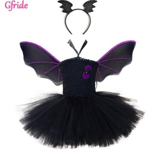 Kids Girls Halloween Bat Wings Headband Vampire Cosplay Cartoon Bat Tutu Tulle Dress Fancy Novelty Summer Frock Child Clothing