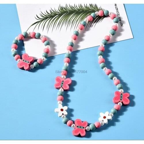 DHL 200set 2pcs/set Girl Necklace+Bracelet Butterflies Flowers Handmade Princess Birthday Gifts
