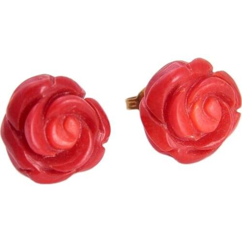 GG Jewelry Classic 15mm Natural Carven Red Coral Flower 14K Stud Earrings