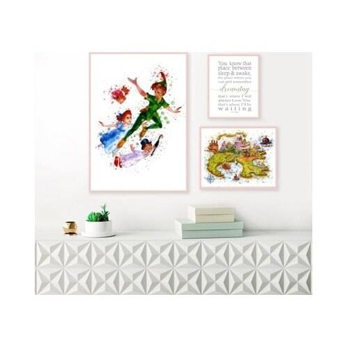 Canvas Painting Never Never Land Map Nursery Boy Print Watercolor Peter Pan Quote Map Poster Baby Playroom Wall Art Decoration