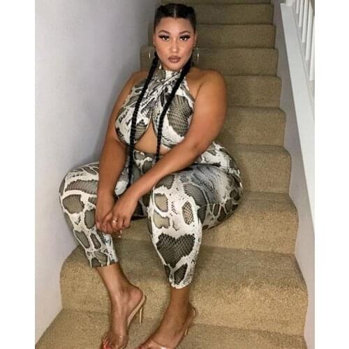 Summer Fashion Sexy Backless Plus Size Womens Pants Personalized Snake Tight Print Serpentine Bodysuit Jumpsuit Women Mono