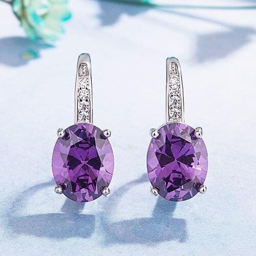 Fashion blue red purple crystal gemstones zircon diamond clip on drop earrings for women white gold silver color jewelry brincos