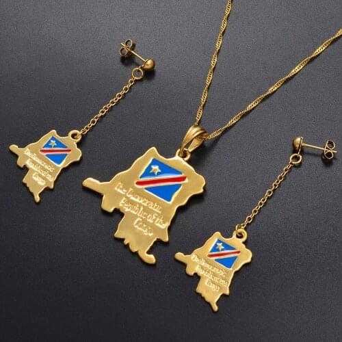 Anniyo Democratic Republic of the Congo Map Necklace Earrings Gold Color DRC Pendant Congo Jewelry For Women Girl #046611