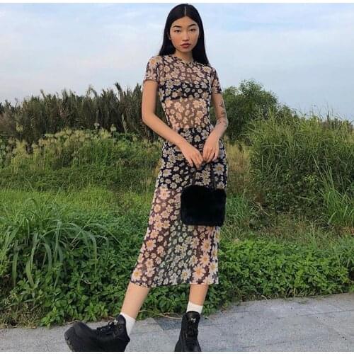 Sunflower Dress Mesh Transparent Maxi Dresses Y2K Aesthetic Short Sleeve Skinny Bodycon 90s Vintage Long Dress Summer Clothes