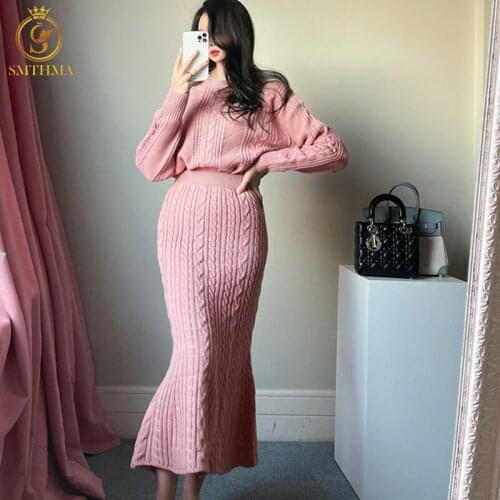 SMTHMA 2021 New Fashion Autumn And Winter Two-Piece Sets Long Sleeve Sweater Top + Temperament Trumpet Mermaid Skirt Suit