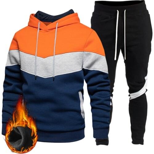 Mens Patchwork Sweatshirt Set Hoodies Clothing Casual Loose Streetwear Male Fashion Autumn Winter Outwear + Pants 2 Piece Sets