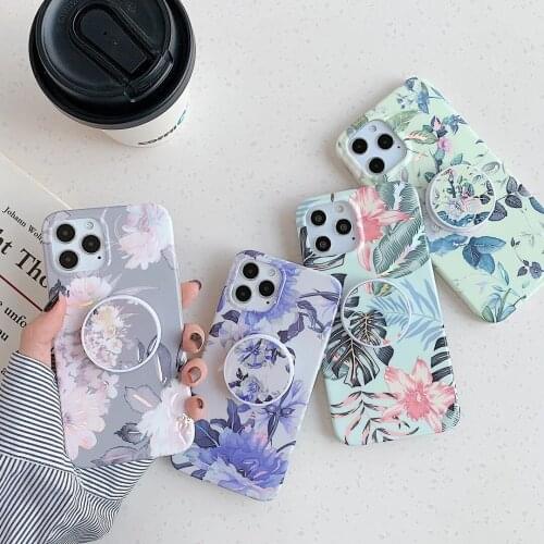 GIMFUN Vintage Flower Holder Stand Phone Case for iPhone 12 Mini 11 Pro X XR XSmax 7 8plus Soft Shell Glitter Ring Bracket Cover