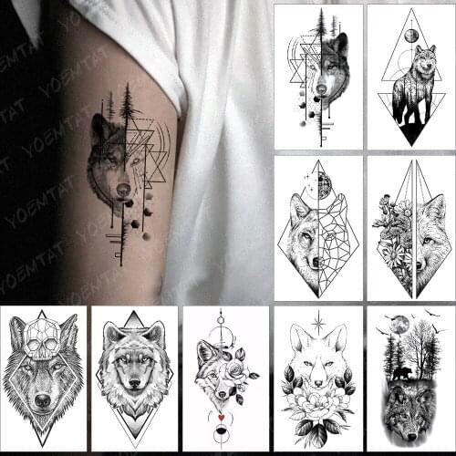 Waterproof Temporary Tattoo Sticker Fake Tatoo Realistic Body Art Half Wolf Face Geometry On Arm For Men Women Child Tattoos