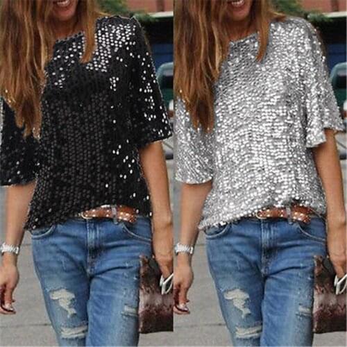 Ladies Off-shoulder Sexy Slim Loose Shirt Top Glistening Sequin T-shirt Tshirts Tees Boutique