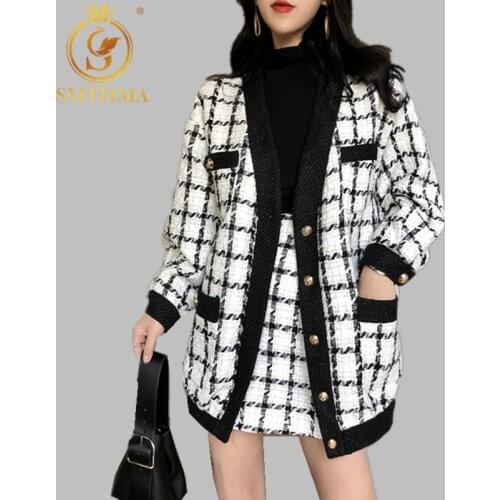 2021 New Autumn Winter Runway Plaid Tweed 2 Piece Set Women White Single-Breasted Jacket Coat +Mini Tassel Wool Blend Skirt Suit