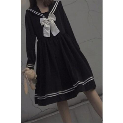 Dresses Women Bow Patchwork Loose A-Line Fashion Knee-Length Cute Empire Preppy Style Ins Sailor Collar Japanese All-match Black
