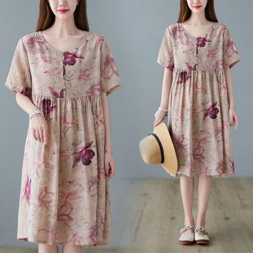 Vintage Cotton And Linen Womens Dress 2021 Summer Loose Casual Print Dresses Ladies Fashion Floral Clothes Lady