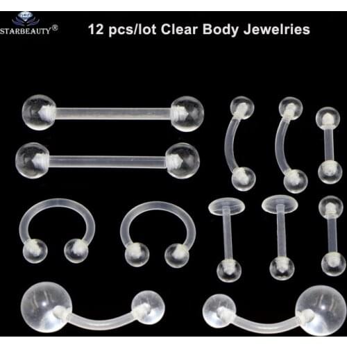 12 pcs/lot Clear Acrylic Fake Nose Ring Septum Ear Lip Tragus Piercing Helix Piercing Tongue Belly Pircing Sex Nipple Jewelry