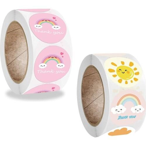 500pcs/roll Thank You Stickers Cute Raibow Cartoon Sun Design Pink Labels Scrapbooking for Gift Decoration Stationery Tapes