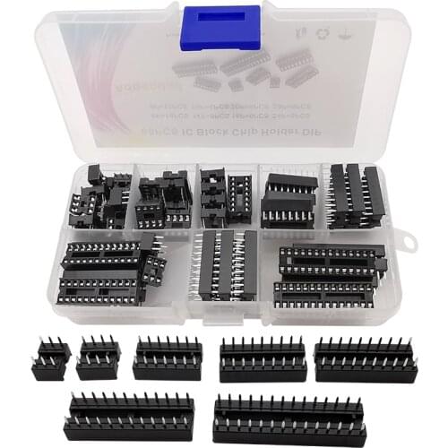 66Pcs/box 2.54mm Pitch DIP IC Socket Female Solder Type Adapter 6P/8/14/16/18/20/24/28Pin Assortment Kit for Arduino DIY