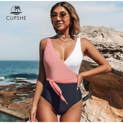 CUPSHE V-neck Lace Up One-Piece Swimsuit Sexy Pink White Colorblock Women Monokini 2021 New Girls Beach Bathing Suits Swimwear