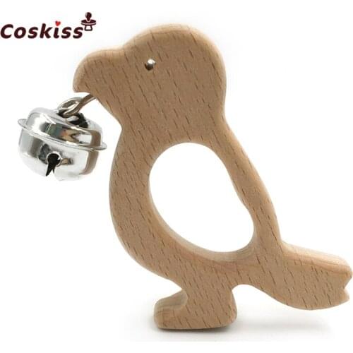 Baby Teether Bells Beech Wooden Woodpecker Natural Handmade Wooden Teether DIY Eco-Friendly Safe Newborns Enlightenment Toys