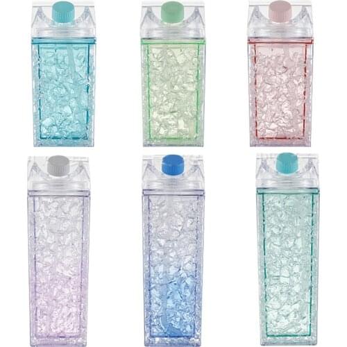 Double-layer frozen ice cup Square Clear Water Bottle Cute Water Cup Milk Carton Water Bottle Simple Portable Juicing Bottles