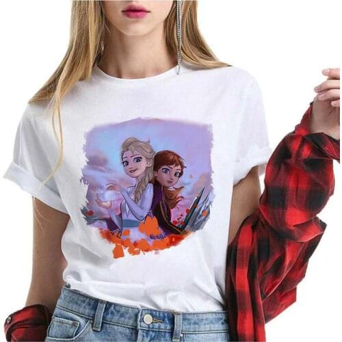 Snow Queen Elsa and Anna Print Frozen Tshirt Women Fashion Graphic T-Shirt Summer Short Sleeves Clothes Female Dropship