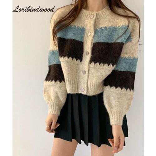 Loribindwood New 2021 Womens Autumn Winter Sweater Fashionable Elegant Short Striped Cardigans Vintage Pink Knitwear cardigan